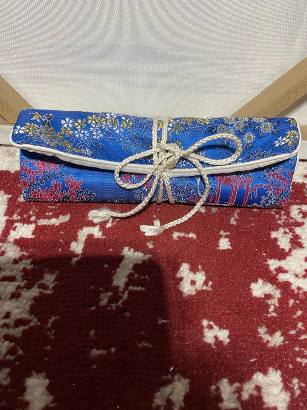 Blue Embroidered Asian Brocade Rolled Jewelry Pouch